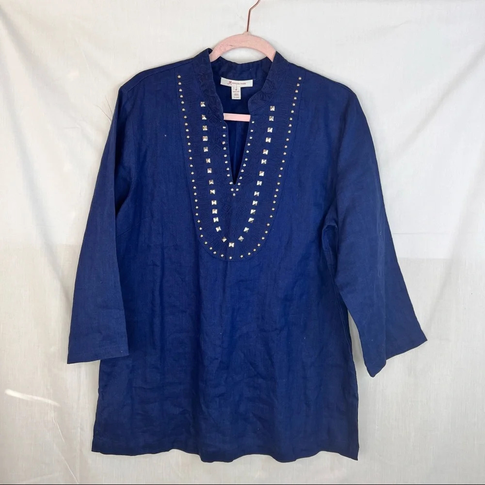 JM Collection Tunic Blouse Womens Sz 16 Embroidered Beaded Navy Blue 100% Linen